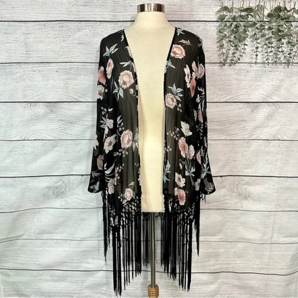 torrid Tops - Torrid Chiffon Kimono Top Black Floral Print Fringe Open Sheer Plus Size 1X 2X